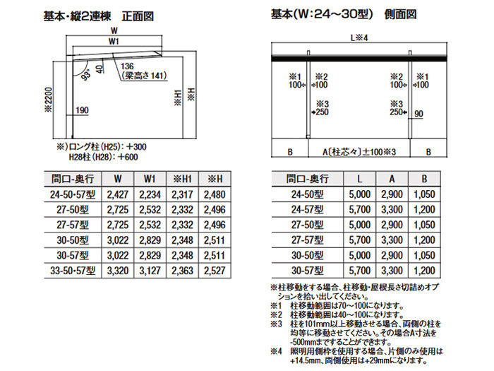 LIXIL カーポートSC 寸法図:1台 W24-30