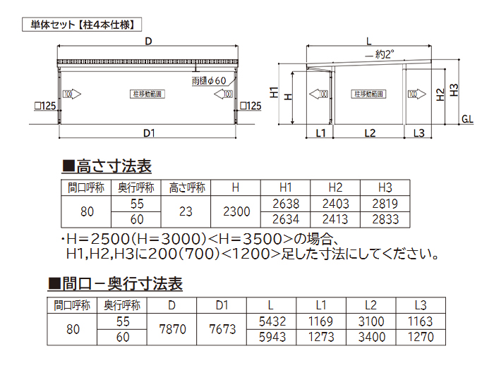 YKKAP ジーポートPro 積雪50cm対応 オールブラック 寸法図