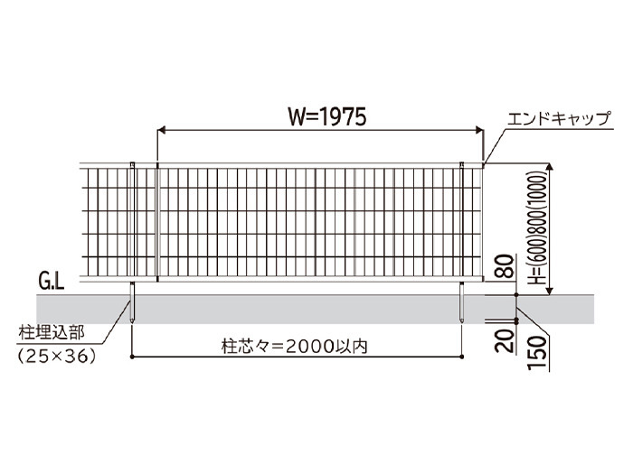 YKKAP シンプレオM3型 井桁メッシュ 寸法図